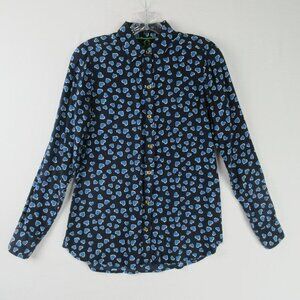 C. Wonder Blue Hearts Aflutter Silk Blouse Size XS Navy Sky Blue